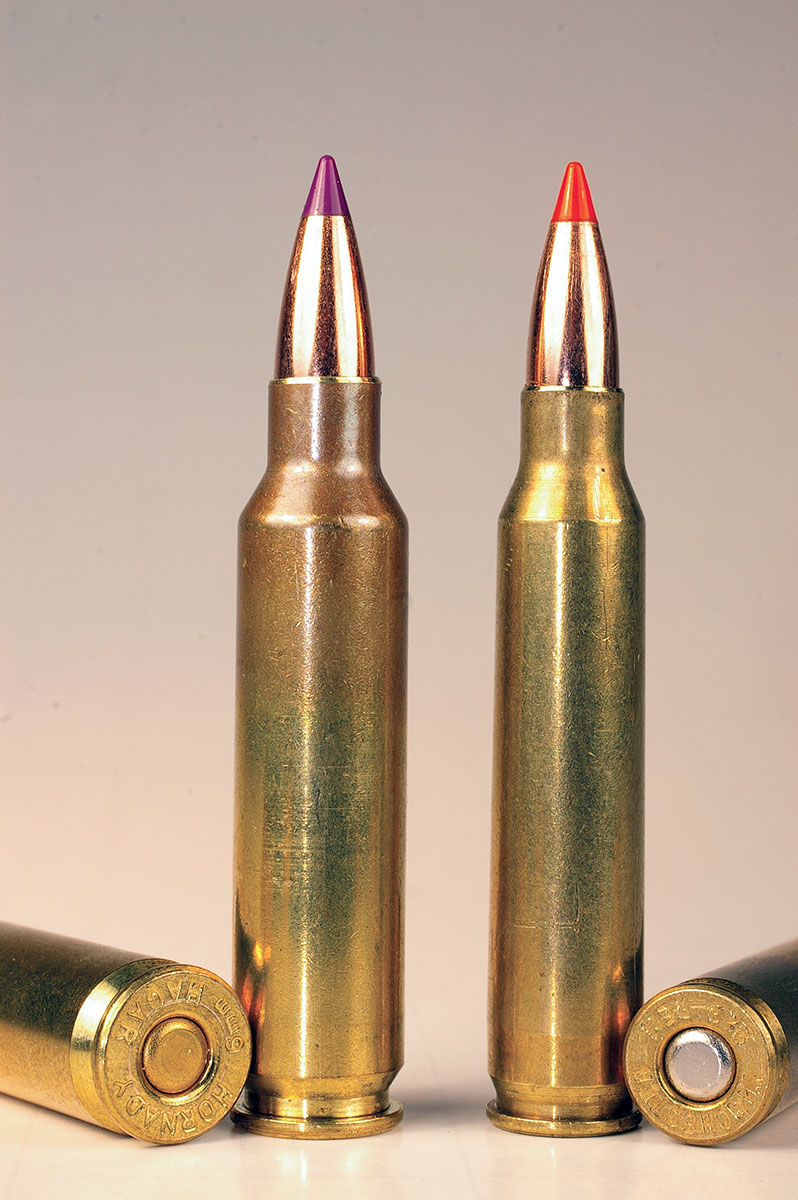 The 6mm HAGAR case (left) is about the same length as the 223 Remington (right), but the HAGAR case is quite a bit wider.